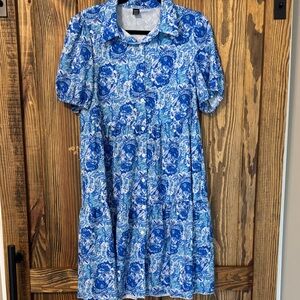 SHEIN Blue and White Floral Button-Front Dress